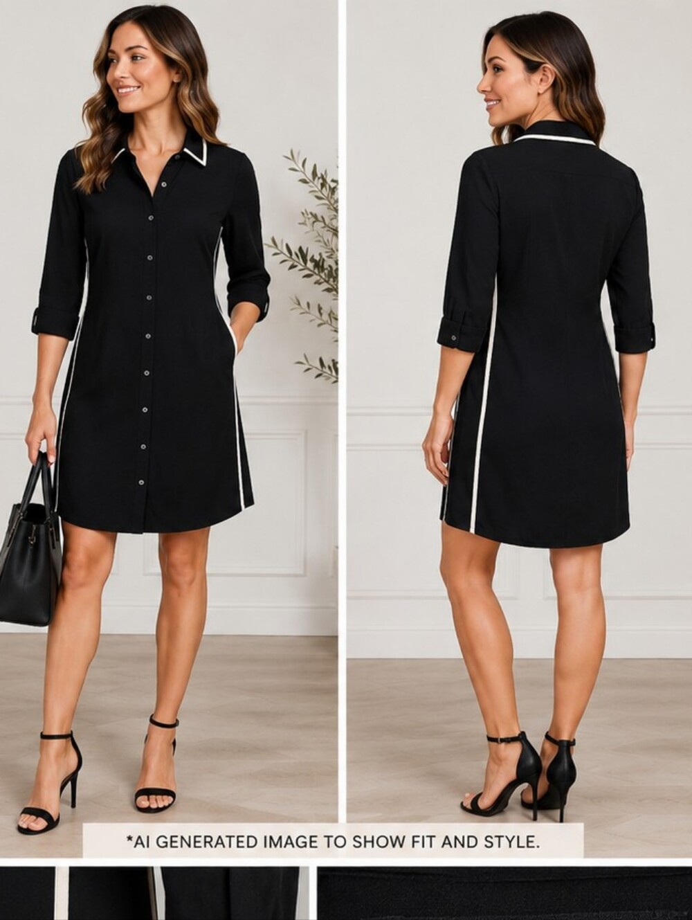 Vintage Ann Taylor Black Shirt Dress White Piped Trim Button Front Size Small